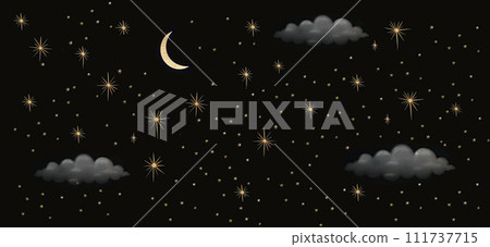 AI-generated content. Dark night sky background, horizontal banner with stars and moon, gray clouds on black wide stellar texture 111737715