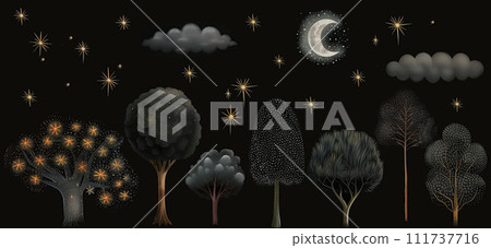 AI-generated content. Magical forest illustration, different trees on dark black background. Starry night with crescent moon and gray clouds. Mystery scene. AI-generated content. Magical forest illustration, different trees on dark black background. Starry night with crescent moon and gray clouds. Mystery scene. 111737716