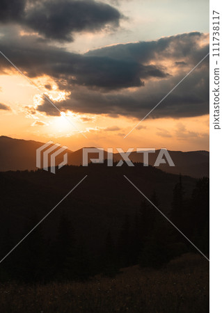 colorful sunset on top of ukrainian mountain 111738117