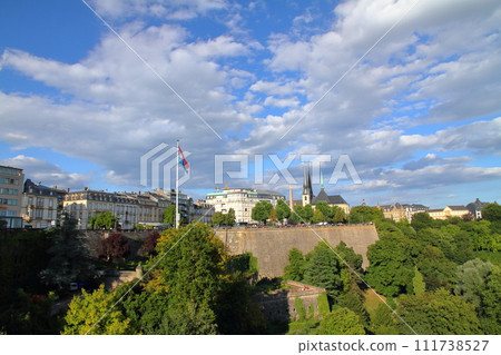 A view of Notre Dame Cathedral in the old town of the capital, a world cultural heritage site in the Grand Duchy of Luxembourg, a country in the Benelux. 111738527