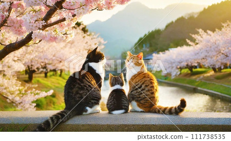 A family of cats sitting under the cherry blossoms 111738535