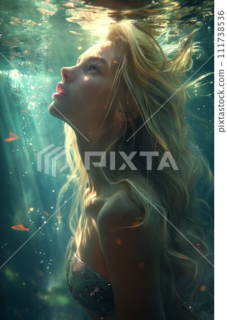 AI-generated content. Young Woman's Underwater Gaze Amongst Bubbles and Fish 111738536