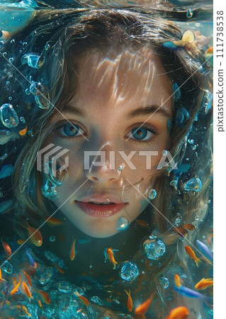 AI-generated content. Young Woman's Underwater Gaze Amongst Bubbles and Fish AI-generated content. Young Woman's Underwater Gaze Amongst Bubbles and Fish 111738538