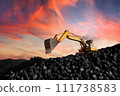 Excavator on earthworks at construction site on sunset background. Backhoe loader  111738583