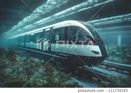 Train in Underwater railway. Underwater high-speed train on underway railroad. 111738585