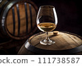 Wine Glass with Chardonnay Grapevine tasting. Vino Degustation in wine cellar with Wine barrels. 111738587