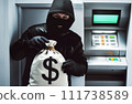 Bank robbery. Criminal in mask with bags of money. Money bags from bank in hands of robber.  111738589