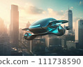 Flying car in sky. Electric air car flight above a cityscape. Future Flying Mobility. 111738590