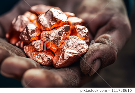 Copper nugget in hands of miner. Gold rush. Copper in hands of the Gold Miner 111738610