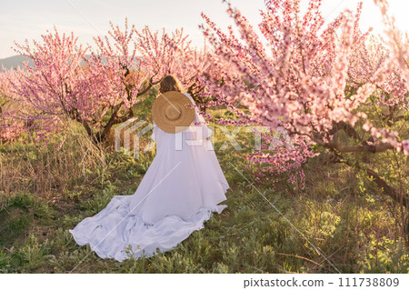 Woman blooming peach orchard. Against the backdrop of a picturesque peach orchard, a woman in a long white dress and hat enjoys a peaceful walk in the park, surrounded by the beauty of nature. Woman blooming peach orchard. Against the backdrop of a picturesque peach orchard, a woman in a long white dress and hat enjoys a peaceful walk in the park, surrounded by the beauty of nature. 111738809
