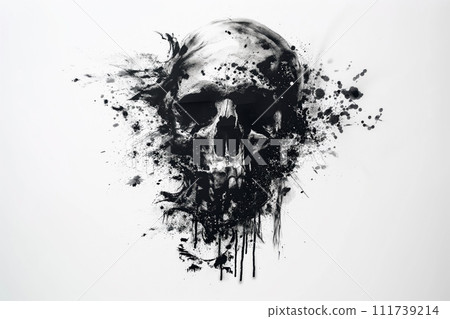 Disintegrating Skull Illustration with dynamic Black Ink Splatters on a white Background Disintegrating Skull Illustration with dynamic Black Ink Splatters on a white Background 111739214