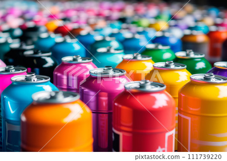 Set of colorful spray paint cans in row. 3d render spray paint bottle and dispenser. Set of colorful spray paint cans in row. 3d render spray paint bottle and dispenser. 111739220
