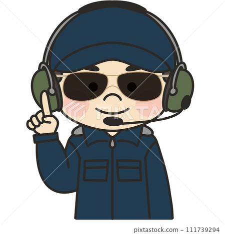 Illustration of a helicopter pilot wearing sunglasses in a pointing pose 111739294