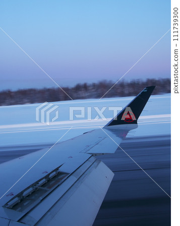 加拿大航空加拿大航空支線飛機 CRJ-900 機翼於傍晚降落在耶洛奈夫 111739300