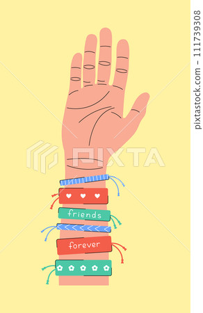 Hand in friendship bracelets isolated on yellow background. Friends forever vector flat illustration. Friendship day poster, banner and greeting card design 111739308