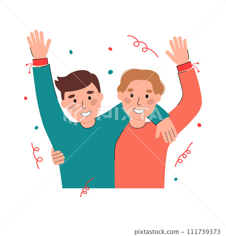 Two happy boys in friendship bracelets vector flat illustration. International Friendship Day banner design. Smiling people and confetti isolated on white background. DIY wristband for friends Two happy boys in friendship bracelets vector flat illustration. International Friendship Day banner design. Smiling people and confetti isolated on white background. DIY wristband for friends 111739373