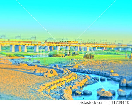 Tama River riverbed. Futakotamagawa. Tama River riverbed. Futakotamagawa. 111739448