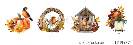 Fall season vintage style decor set. Watercolor painted illustration. Hand drawn autumn decoration element set. Thanksgiving wreath, birds, fallen leaves, berries festive collection. White background Fall season vintage style decor set. Watercolor painted illustration. Hand drawn autumn decoration element set. Thanksgiving wreath, birds, fallen leaves, berries festive collection. White background 111739577