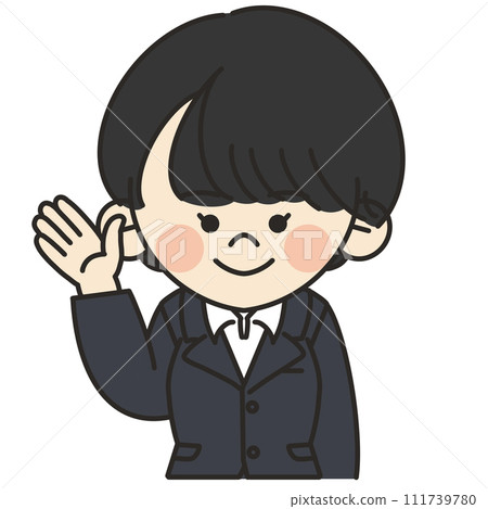 A short-haired woman wearing a business suit is raising her hand 111739780