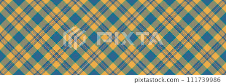 Square check seamless background, proud plaid textile tartan. Ornament fabric vector texture pattern in cyan and amber colors. 111739986