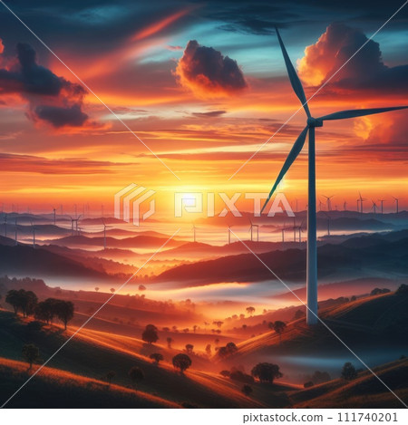 Wind turbines harmoniously blending with nature at sunset, conveying a sense of clean and renewable energy. Illustration. Created with generative ai 111740201