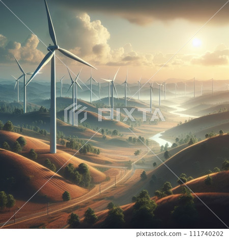 Wind turbines harmoniously blending with nature, conveying a sense of clean and renewable energy. Illustration. Created with generative ai 111740202