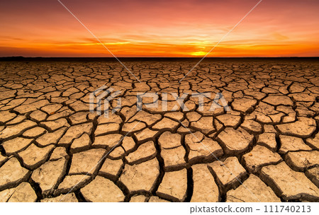 Drought land, Dries, Global drought. Dry cracked earth on sunset. 111740213