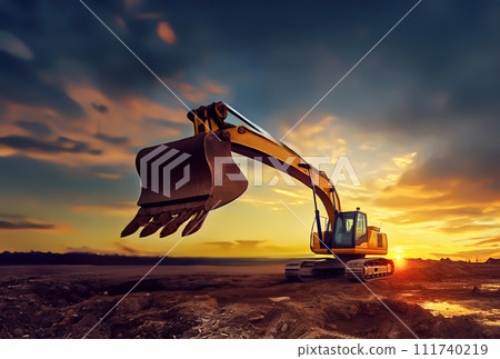 Excavator works on a construction site during excavation work 111740219