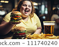Fat girl eating hamburger in fast food restaurant.  111740240