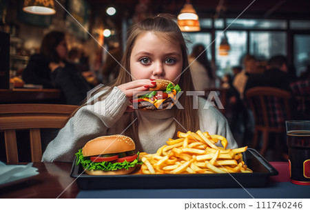 Fat girl eating hamburger in fast food restaurant. Fat girl eating hamburger in fast food restaurant. 111740246