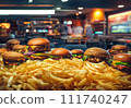 Burger on wooden table in restaurant. Hamburgers in fast food restaurant. 111740247