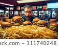 Burger on wooden table in restaurant. Hamburgers in fast food restaurant. 111740248