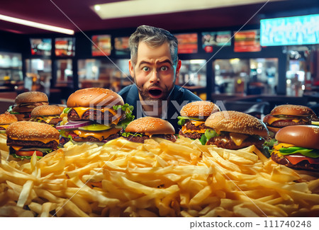 Burger on wooden table in restaurant. Hamburgers in fast food restaurant. Burger on wooden table in restaurant. Hamburgers in fast food restaurant. 111740248