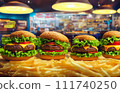 Burger on wooden table in restaurant. Hamburgers in fast food restaurant. 111740250