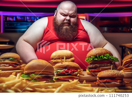 Fat man eating hamburger in fast food restaurant. Fat man eating hamburger in fast food restaurant. 111740253