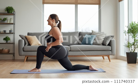 AI-generated content. Large woman, yoga practice near sofa, leggings and top attire. Bright room, large window, floor-standing flower. 111740337