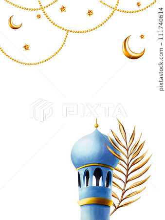 Watercolor Islamic arabian postcard, frame with minaret, date palm, golden crescent moon, stars on a gold chains illustration isolated on white background. Muslim hand drawn holiday Ramadan Kareem or Watercolor Islamic arabian postcard, frame with minaret, date palm, golden crescent moon, stars on a gold chains illustration isolated on white background. Muslim hand drawn holiday Ramadan Kareem or 111740614