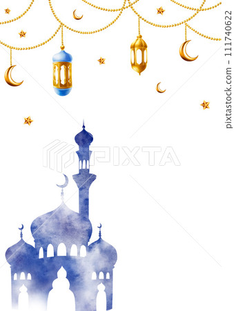 Watercolor Islamic arabian postcard, frame with silhouette of mosque and minaret, golden crescent moon, stars on a gold chains, lanterns illustration isolated on white background. Muslim hand drawn Watercolor Islamic arabian postcard, frame with silhouette of mosque and minaret, golden crescent moon, stars on a gold chains, lanterns illustration isolated on white background. Muslim hand drawn 111740622