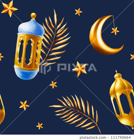 Watercolor seamless pattern with Islamic arabian golden crescent moon, stars on a gold chains, date palm branches and lanterns illustrations isolated on background. Muslim hand drawn Ramadan Kareem or 111740664