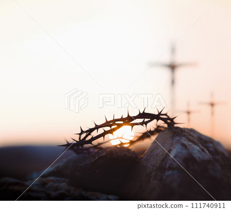 Calvary, Golgotha Hill, Jesus Christ's cross and crown of thorns, Jesus' passion and great trials during Passion Week, Lent and Easter background Calvary, Golgotha Hill, Jesus Christ's cross and crown of thorns, Jesus' passion and great trials during Passion Week, Lent and Easter background 111740911