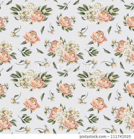 Floral watercolor seamless pattern with white and peach fuzz peony flowers, buds and green leaves on light blue background. For use in design, fabric, textile, scrapbooking, wallpaper, wrapping papper Floral watercolor seamless pattern with white and peach fuzz peony flowers, buds and green leaves on light blue background. For use in design, fabric, textile, scrapbooking, wallpaper, wrapping papper 111741020