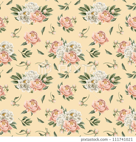 Floral watercolor seamless pattern with white and peach fuzz peony flowers, buds and green leaves on light pink background. For use in design, fabric, textile, scrapbooking, wallpaper, wrapping papper 111741021