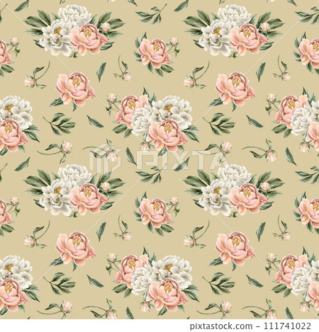 Floral watercolor seamless pattern with white and peach fuzz peony flowers, buds and green leaves on beige background. For use in design, fabric, textile, scrapbooking, wallpaper, wrapping papper, gif 111741022