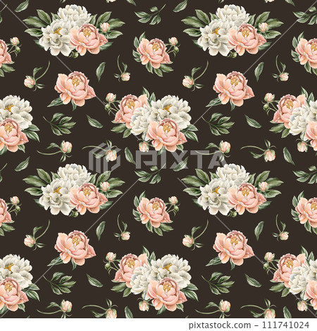 Floral watercolor seamless pattern with white and peach fuzz peony flowers, buds and green leaves on dark background. For use in design, fabric, textile, scrapbooking, wallpaper, wrapping papper, gift 111741024