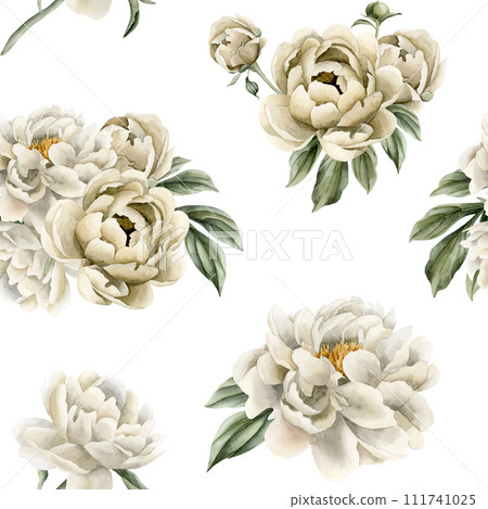 Floral watercolor seamless pattern with white and beige peony flowers, buds and green leaves on white background. For use in design, fabric, textile, scrapbooking, wallpaper, wrapping papper, gift box 111741025