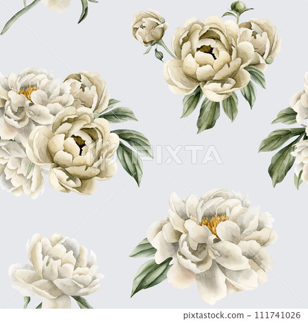 Floral watercolor seamless pattern with white and beige peony flowers, buds and green leaves on light blue background. For use in design, fabric, textile, scrapbooking, wallpaper, wrapping papper, gif 111741026