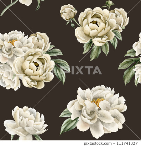 Floral watercolor seamless pattern with white and beige peony flowers, buds and green leaves on dark background. For use in design, fabric, textile, scrapbooking, wallpaper, wrapping papper, gift boxe 111741327