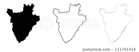 Burundi country silhouette. Set of 3 high detailed maps. Solid black silhouette, thick black outline and thin black outline. Vector illustration isolated on white background. 111741424