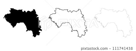 Guinea country silhouette. Set of 3 high detailed maps. Solid black silhouette, thick black outline and thin black outline. Vector illustration isolated on white background. Guinea country silhouette. Set of 3 high detailed maps. Solid black silhouette, thick black outline and thin black outline. Vector illustration isolated on white background. 111741438