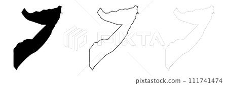 Somalia country silhouette. Set of 3 high detailed maps. Solid black silhouette, thick black outline and thin black outline. Vector illustration isolated on white background. 111741474